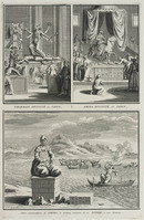 KG 11952
<br/>
Oost-Indië: Japanse Godheden Tiedebaik en Amida(2x) en diverse manieren om in verering voor hen te verdrinken.
<br/>
<em>Picart, Bernard (1673-1733)</em>